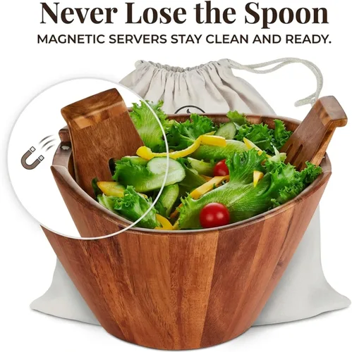 Vista 3 de Night Tree Ensaladera grande de madera con tenedores para servir, juego de ensaladera de madera para alimentos o frutas, utensilios magnéticos aptos