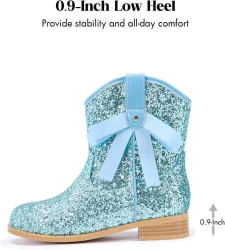 Vista 6 de Coutgo Botas vaqueras para niñas, botas de tacón bajo con purpurina, botas Azul