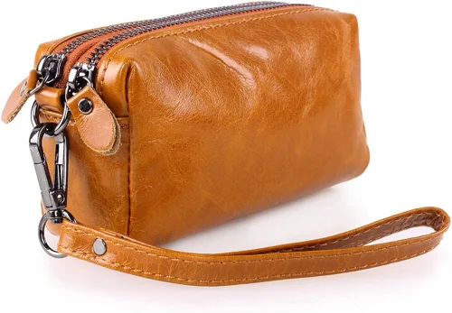 Vista 3 de BOSHIHO Piel Auténtica Wristlets garras teléfono celular bolsa cartera con cierre doble Marrón