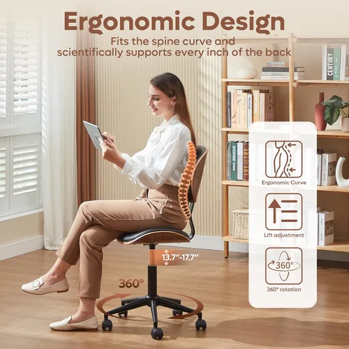 Vista 3 de Bestier Silla de oficina pequeña con soporte de respaldo de madera curvada, silla de escritorio sin brazos con giro de 360°, silla de computadora