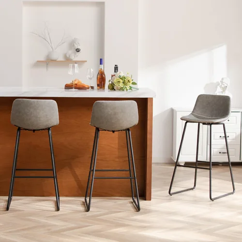Vista 22 de HeuGah Juego de 2 taburetes de bar de piel sintética, sillas de comedor con patas de metal y respaldo suave, fáciles de montar