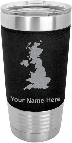 Vista 17 de LaserGram 20oz Vacuum Insulated Tumbler Mug, Country Silhouette United Kingdom, Personalized Engraving Included (Faux Leather, Baseball Style)