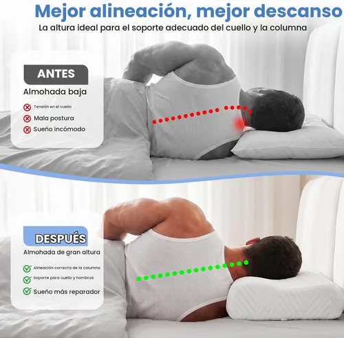 Vista 4 de Almohada de espuma viscoelástica, doble altura (4.7 y 6.1 pulgadas), almohada cervical de alto perfil para dormir de lado, almohada ergonómica