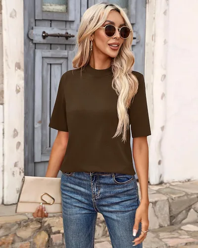 Vista 9 de Paquete de 2 camisetas casuales de negocios para mujer, camisas de cuello alto falso de manga corta cuello alto, blusas elegantes de manga corta