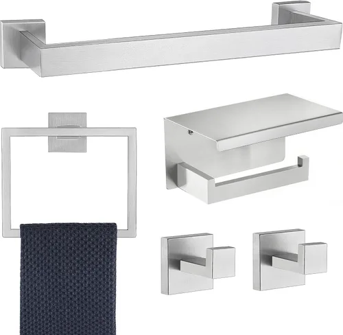Vista 20 de Juego de 5 piezas de accesorios de ferretería para baño en negro mate, juego de toalleros cuadrados de 16 pulgadas para baño, juego de barras