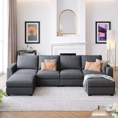 Vista 18 de Divertido y moderno sofá modular grande en forma de U como Lego, juego de sofá tapizado con otomana extraíble y asiento de almacenamiento, sofá cama