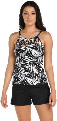Vista 3 de Top de traje de baño tankini de cuello alto Negro/ Palmas flotantes