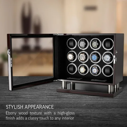 Vista 2 de Bobinadora de 12 relojes para relojes automáticos con luz LED y control de pantalla táctil LCD, Ébano + Negro, Compacto