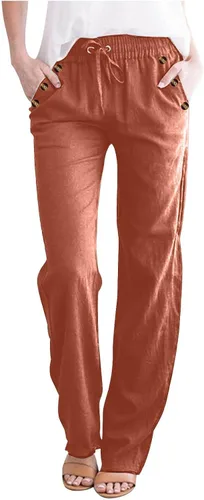 Vista 13 de Casual Pants for Women Summer Solid Color Drawstring Elastic Waist Pants Baggy Straight Leg Long Trouser with Pocket