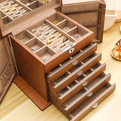 Vista 5 de TITISKIN Large Wooden Jewelry Box for Women 6 Drawers Storage Box Organizer Container with Lock Mirror Velvet brown
