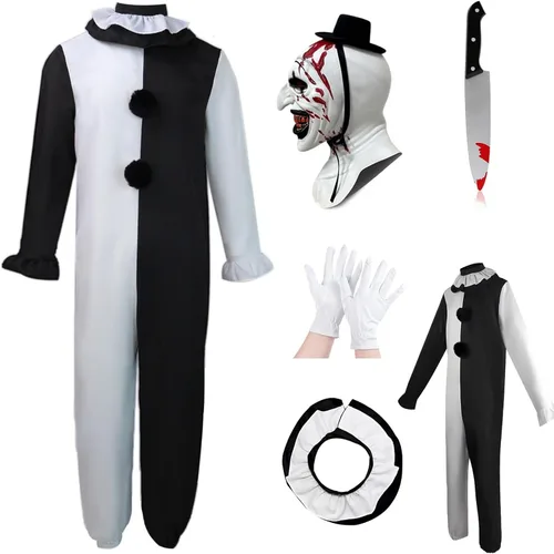 Vista 8 de 5Pcs Art Clown Costume Adults Terrifying Mask Halloween Outfit Red