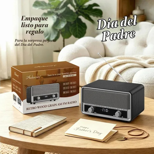 Vista 8 de Radio Bluetooth AM FM de madera retro con pantalla de tiempo