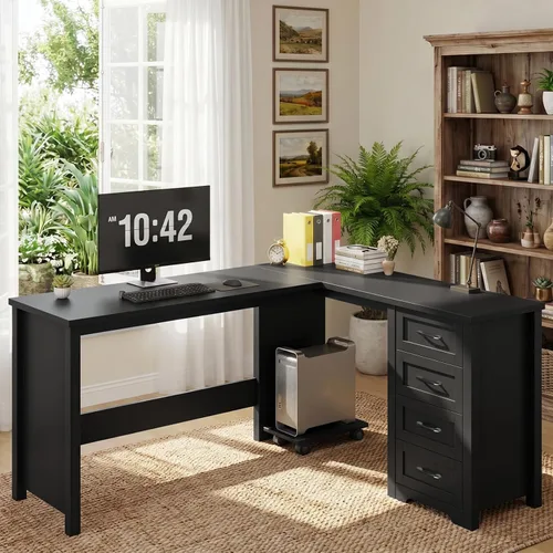 Vista 8 de Vabches Escritorio ejecutivo en forma de L de granja de 61 pulgadas con cajones de archivos, escritorio de esquina para computadora con soporte
