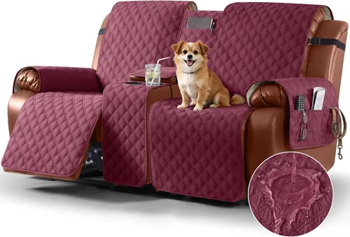 Vista 19 de Ruaozz Funda impermeable para sofá biplaza reclinable con consola, funda antideslizante para sofá reclinable dividido, con correas elásticas Beige