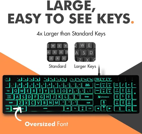 Vista 2 de Teclado retroiluminado de impresión grande X9 Teclado de computadora con iluminación con cable para computadora de escritorio y portátil - Fácil