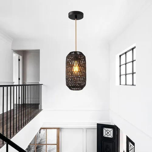 Vista 7 de Ruzectt Luminarias Colgantes Luces Colgantes de Ratán Negro para Isla de Cocina con Cable de Algodón Dorado Ajustable de 72 pulgadas, Lámpara