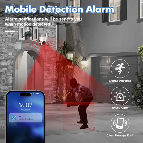 Vista 5 de CKK Cámara de doble lente de 2 MP, WiFi inalámbrica de 2.4/5 GHz, cámaras de seguridad para exteriores Plug & Play para zoom de 10X Pane Tilt 360°