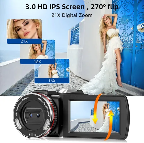 Vista 5 de Cámara de Video, Videocámara 4K, Cámara de 64MP 30FPS de Doble Lente con Micrófono Inalámbrico para Vlogging YouTube, Pantalla Ultra HD de 3