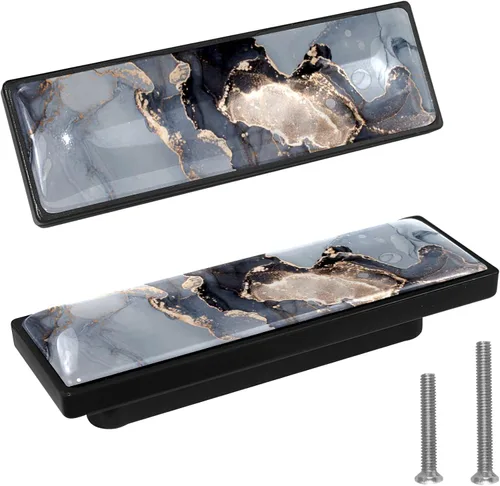 Vista 10 de LORVIES Paquete de 4 pomos decorativos de mármol de 3.6 pulgadas para gabinete, vidrio ABS largo rectangular negro, manijas de puerta de cajón