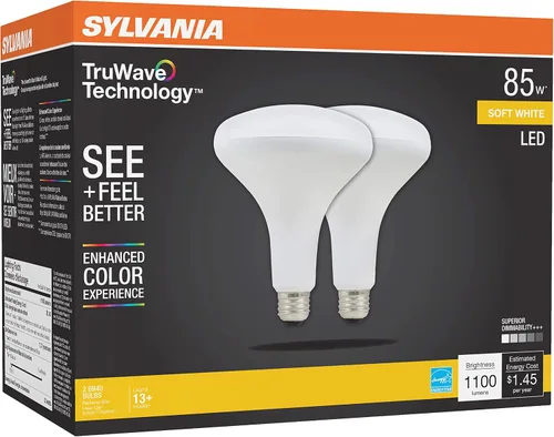 Vista 3 de Sylvania TruWave BR40 Bombilla LED, 85 W = 12 W, base media, regulable, esmerilada, 2700 K, blanco suave, paquete de 2 (40785)