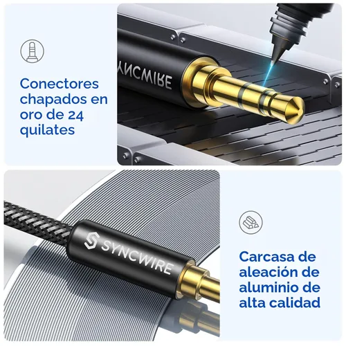 Vista 3 de Syncwire Cable auxiliar de audio auxiliar de 0.138 in macho a macho, cable trenzado de nailon para auriculares (1.6 pies/1.6 ft), cable auxiliar