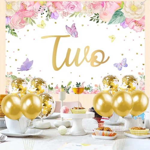 Vista 5 de Cartel de fondo de feliz segundo cumpleaños para decoración de fiesta para niña de 2 años, cartel de tela con texto en inglés "Happy 2", fondo