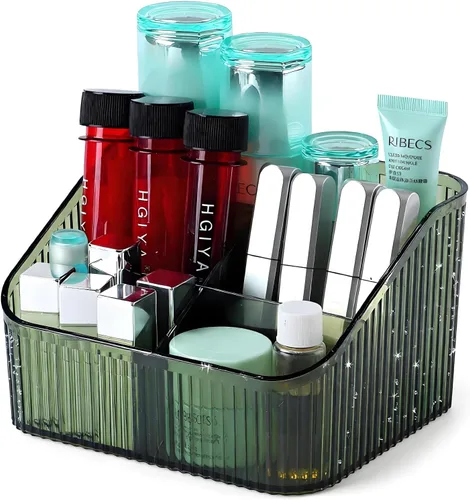 Vista 13 de Organizador de brochas de maquillaje ámbar para tocador, organizador de encimera de baño, 5 tazas, almacenamiento y exhibición de artículos