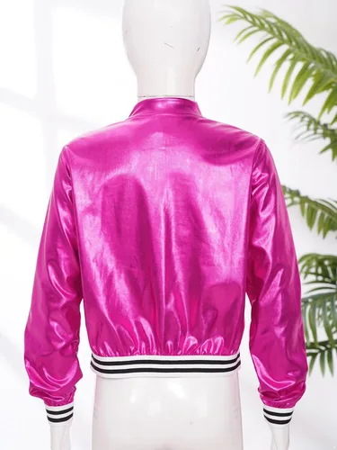 Vista 4 de Jhaoyu Chaqueta de moto metálica para niños y niñas, hip hop, jazz, danza, moderna, disfraz de fiesta de discoteca