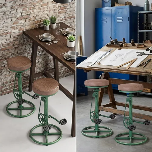 Vista 6 de Topower Taburete de bar vintage para bricolaje, cadena de bicicleta, pedal de hierro, retro, industrial, altura ajustable, diseño de rueda