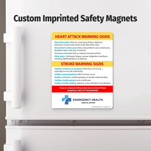 Vista 5 de Safety Magnets by ZOCO – Paquete de 100 señales de advertencia de ataque cardíaco y accidente cerebrovascular personalizado para nevera – Folleto