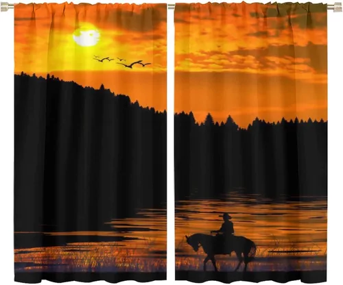 Vista 19 de Cortinas opacas de vaquero americano para sala de estar, atardecer occidental, rústico, vaquero, equitación, cortinas de ventana, aislamiento