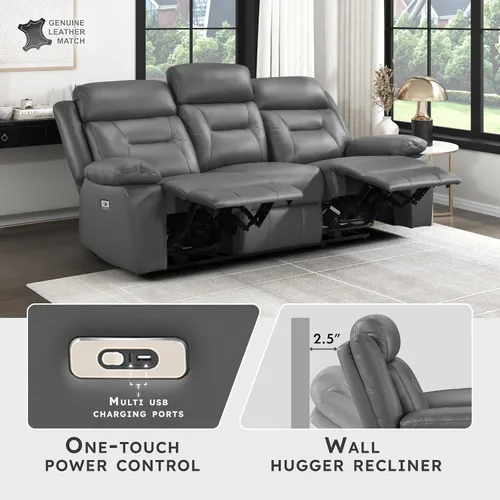 Vista 3 de Lexicon Sofá Reclinable Doble Eléctrico, Sofá Reclinable de Cuero de Grano Superior Combinado con Reposabrazos de Parte Superior Acolchada, Asientos