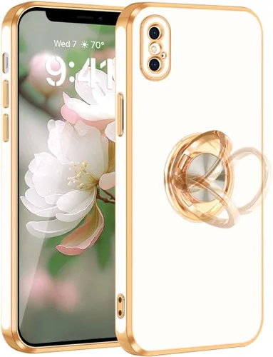 Vista 8 de Fingic Funda para iPhone X, iPhone Xs con soporte de anillo, soporte magnético giratorio de 360°, chapado en oro, borde dorado, delgada, suave, TPU