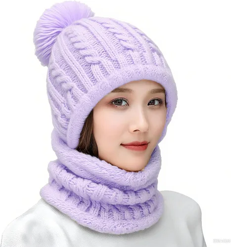 Vista 10 de Gorro de Invierno para Mujer de Una Pieza con Forro Polar Pasamontañas de Punto Conjunto con Bufanda Circular para Cuello Gorro de Esquí para Nieve