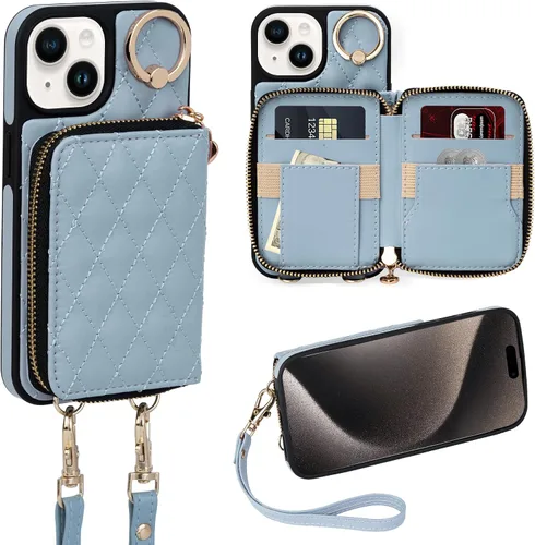 Vista 15 de Funda para iPhone 12 Pro/iPhone 12 de 6.1 pulgadas, cartera cruzada con cremallera para mujer, tarjetero con bloqueo RFID, funda de cuero con Negro