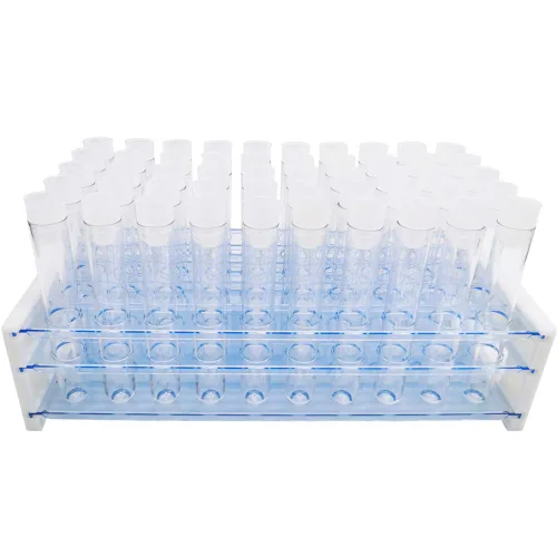 Vista 4 de 50 piezas de tubos de ensayo de plástico transparente con estante, tubos de 16x100mm (10ml) con tapas y estante de tubos de 50 agujeros