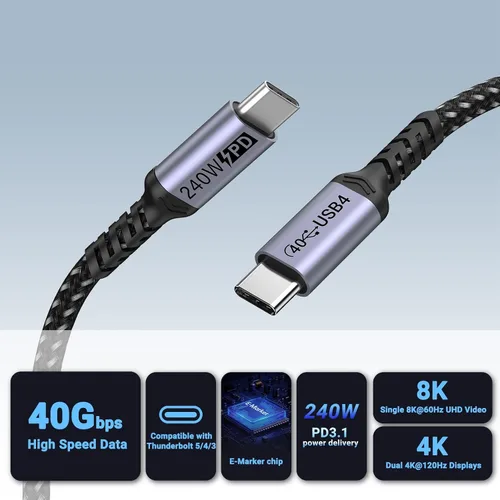 Vista 2 de Paquete de 2 cables USB 4 de 1 pie, cable USB C a USB C de 240 W, transferencia de datos de alta velocidad de 40 Gbps y salida de video de pantalla