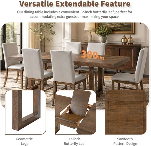 Vista 4 de LUMISOL 7 Piece Dining Table Set for 6, 60 to 72 Inch Extendable Dining Table with 12 Inch Butterfly Leaf and 6 Upholstered Chairs, Rustic Wood Brown
