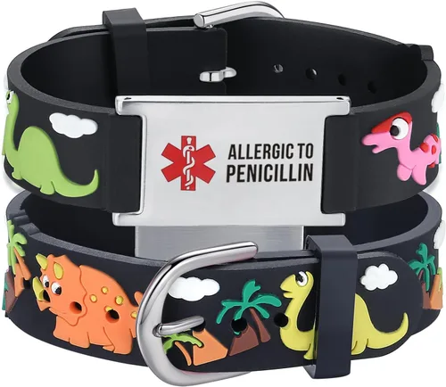 Vista 8 de LinnaLove Medical Alert ID Bracelet – Custom or Pre-Engraved, QR Code Available,Blue Dinosaur Band