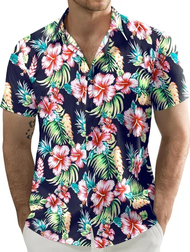 Vista 17 de JOGAL - Camisa hawaiana de Aloha para hombre, manga corta, diseño de flores Negro Blanco Línea