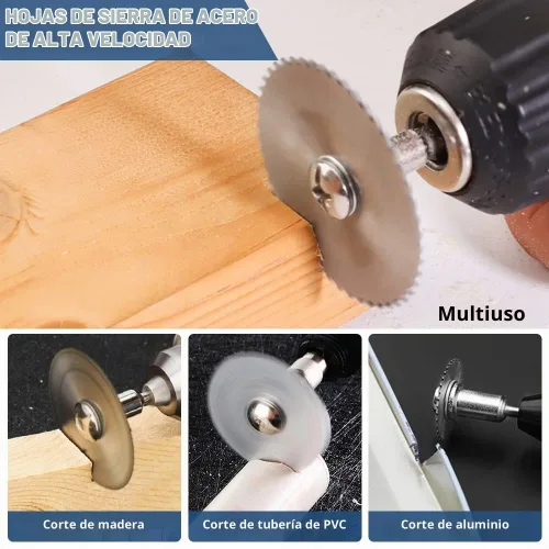 Vista 2 de Hojas de sierra para taladro Dremel 6 piezas de disco de sierra HSS con 2 piezas de vástago redondo de 1/8", 1 pieza de vástago redondo de 1/4