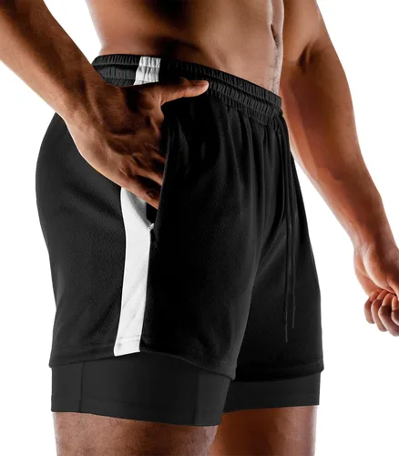 Vista 2 de Aolesy Pantalones cortos de correr 2 en 1 para hombre con bolsillos con cremallera, pantalones cortos de entrenamiento ligeros de 5 pulgadas