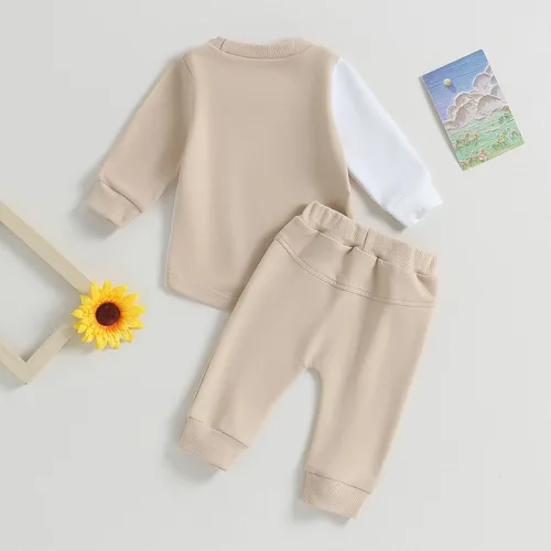 Vista 3 de FYBITBO Conjunto de sudadera de manga larga con bloques de color y pantalones de algodón para bebé niño