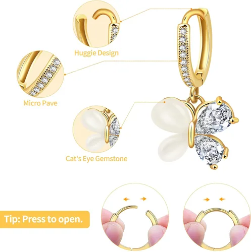 Vista 2 de Butterfly Hoop Earrings, Cat's Eye Gemstone Huggie Earrings for Teen Girls, 14k Gold Plated Dangle Earrings for Women