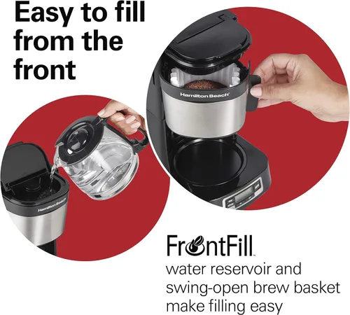 Vista 3 de Hamilton Beach Cafetera de goteo de 5 tazas con cesta de llenado frontal fácil, diseño compacto, reloj programable, jarra de vidrio, pausa
