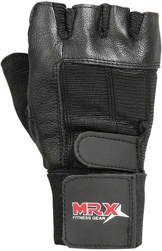 Vista 2 de MRX BOXING & FITNESS Guante de cuero para levantamiento de pesas con correa de muñeca larga para entrenamiento de gimnasio negro