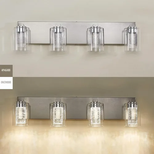 Vista 4 de Lámpara de tocador de 4 luces de níquel cepillado, cristal de burbujas con luces regulables de 3 colores, moderna lámpara de pared para baño