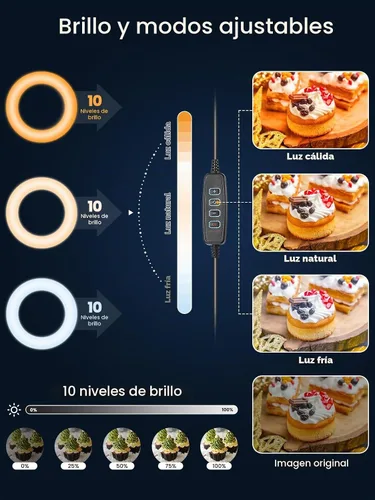 Vista 4 de Luz de anillo para selfie con soporte y soporte para teléfono, soporte de teléfono aéreo con luces de anillo de 10.5", luz circular de escritorio