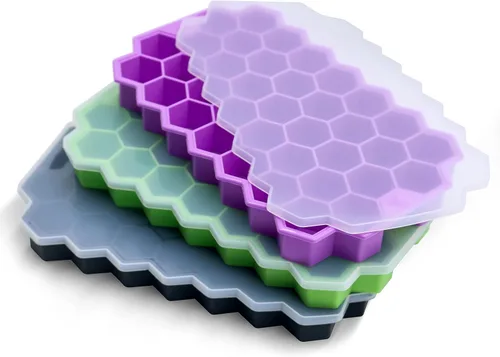 Vista 8 de Bandejas de cubitos de hielo para congelador con tapa-37 cuadrícula de silicona para moldes pequeños de cubitos de hielo, fácil de liberar y Azul