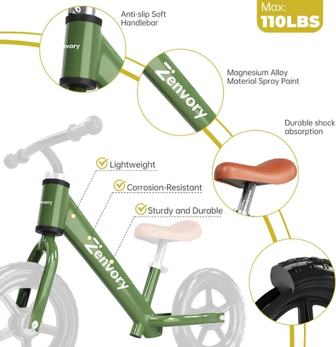 Vista 5 de Toddler Balance Bike Age 2-5, 12 Inches, Tool-Free Adjustable Verde oliva